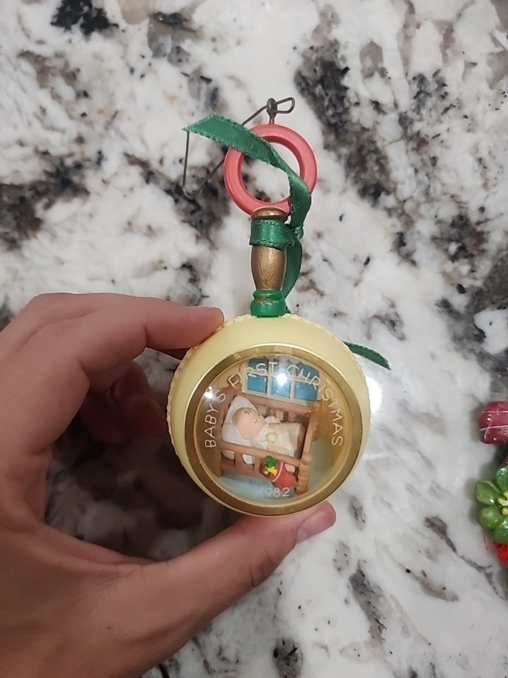 Vintage Baby's First Christmas 1982 Round Hanging Ornament - Yellow & Green